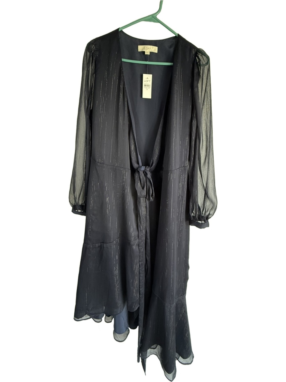 LOFT Navy Tie-Front Sheer Long Sleeve Subtle Silver Metallic Stripes Size 8 NWT